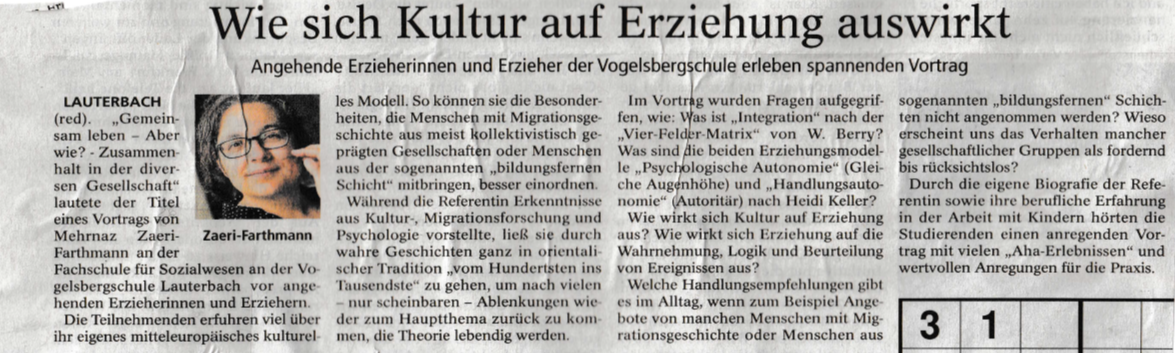 Zeitungsartikel über ein Projekt von Mehrnaz